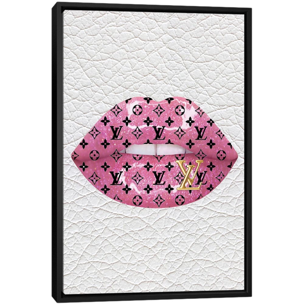 Louis-Vuitton-Pink-Glitter-Lips-Black-Framed-Canvas-Stretched-Wrapped-Canvas-Print-Wall-Art-Decor Louis Vuitton Pink Glitter Lips - Black Framed Canvas