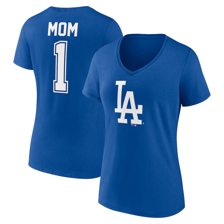 Los-Angeles-Dodgers-Womens-Mothers-Day-1-Mom-V-Neck-T-Shirt-Royal Los Angeles Dodgers Women's Mother's Day #1 Mom V-Neck T-Shirt - Royal